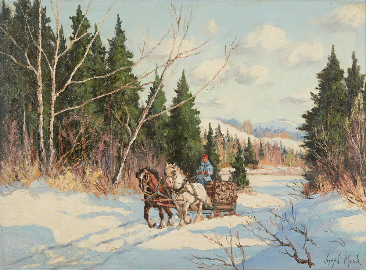 Joseph Monk, Winter Logging Scene, oil on board