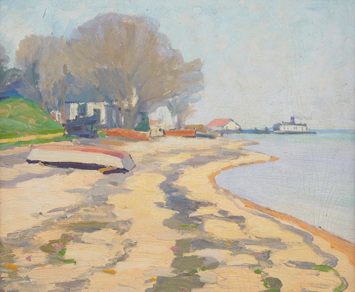 Frederick Stanley Haines, Beach Scene with Ferry, oil on board