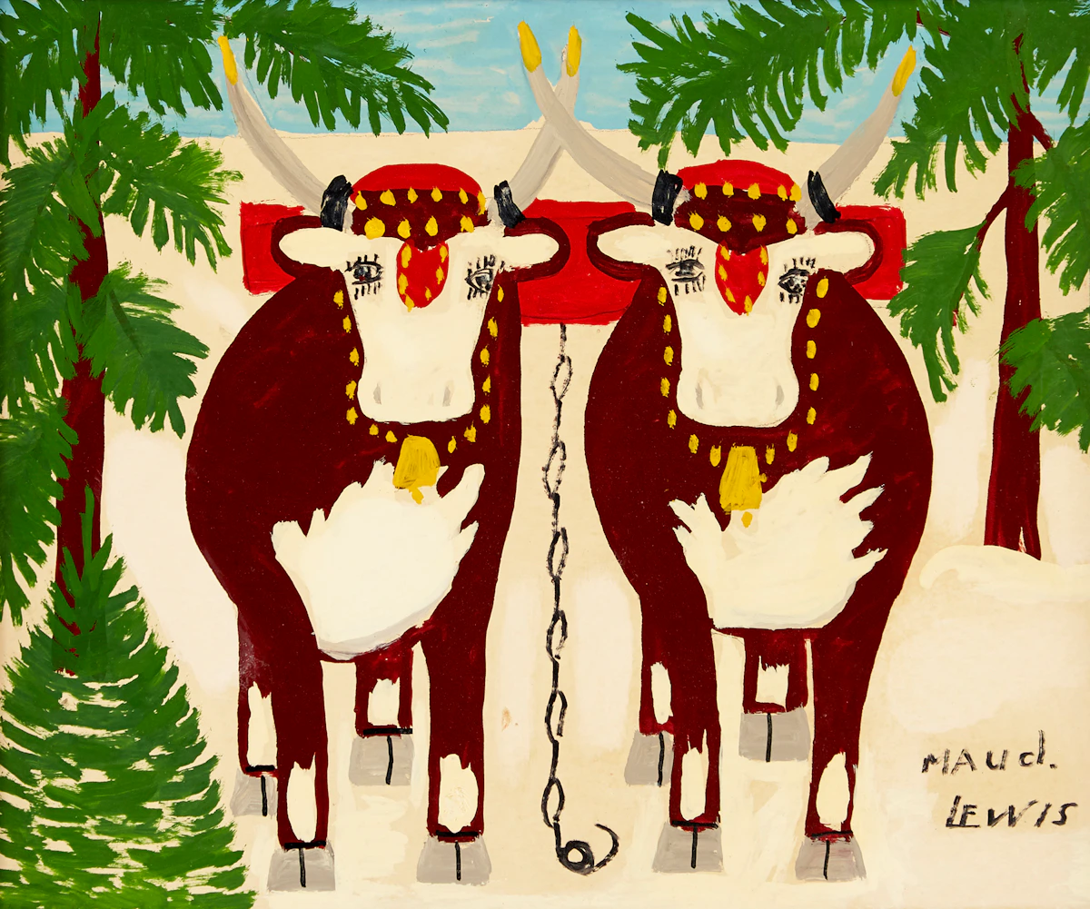 Maud Lewis, Team of Oxen Ploughing, mixed media on board