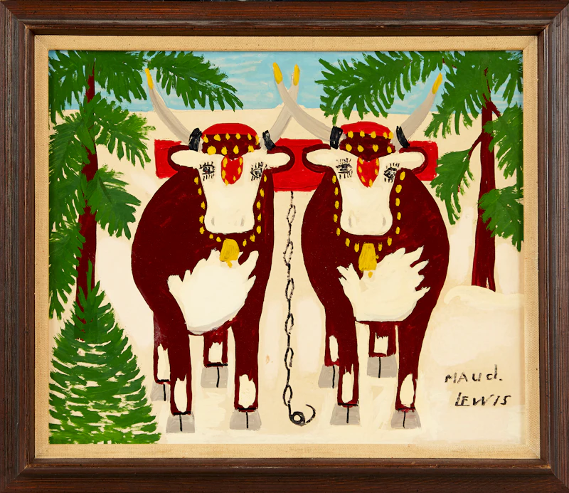 Maud Lewis, Team of Oxen Ploughing, mixed media on board - view 2