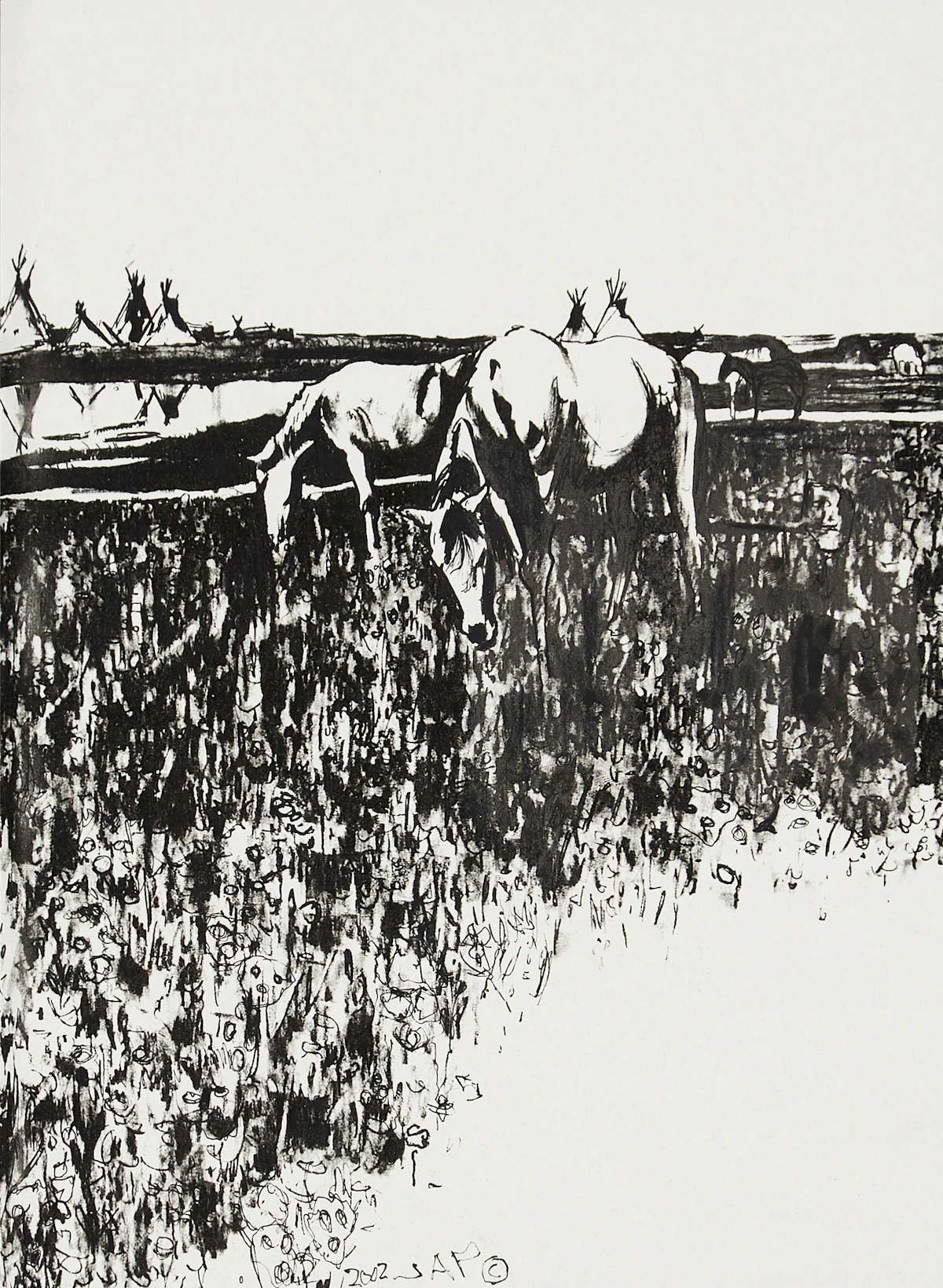 Jane Ash Poitras, Horses Grazing, print with ink, 2002