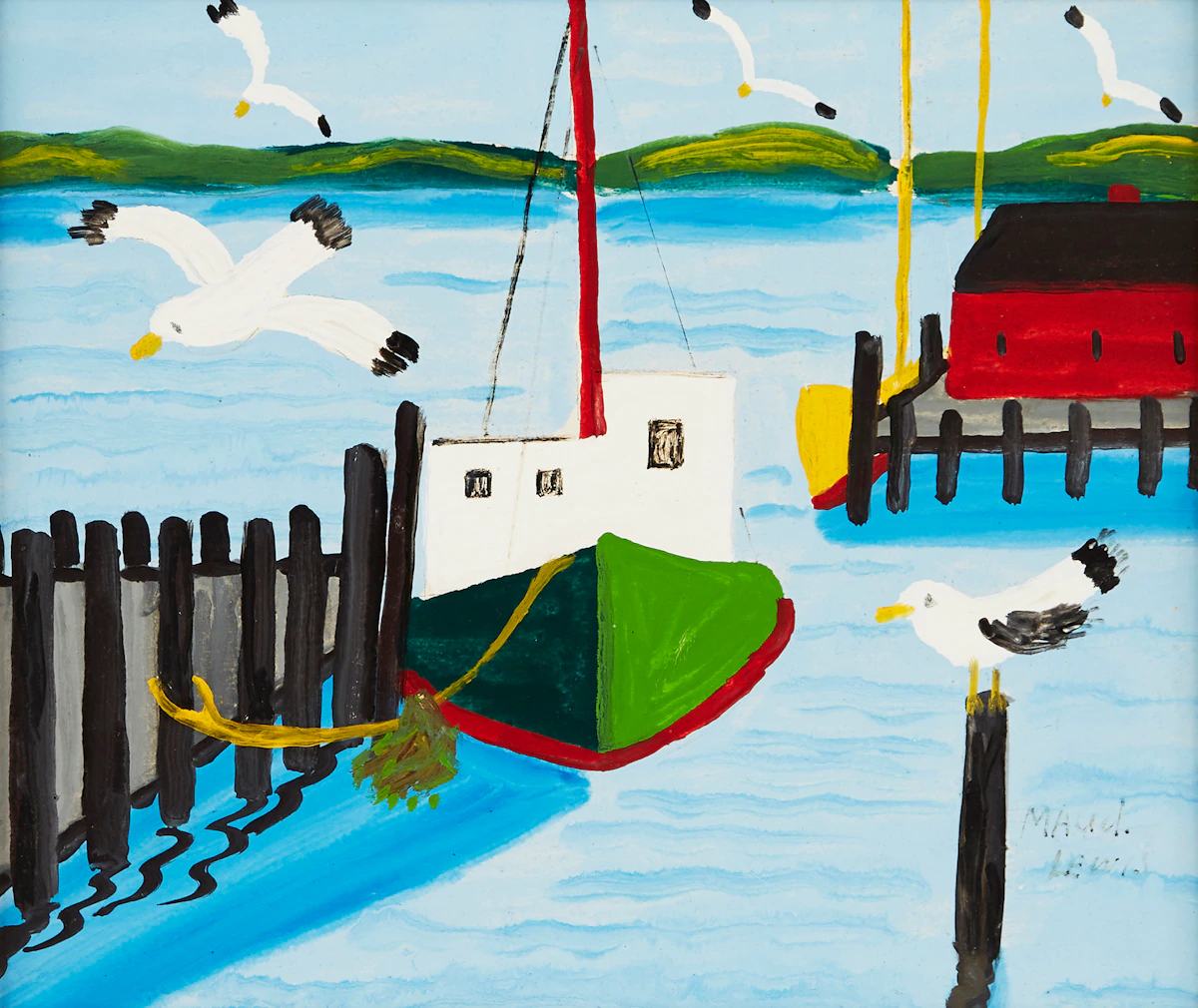 Maud Lewis, Harbour Scene, mixed media on board