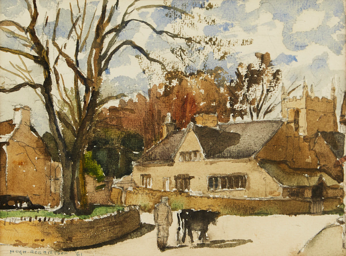 Hugh Douglas “Bungje” Robertson, Man and Cow on a Stroll, watercolour, 1961