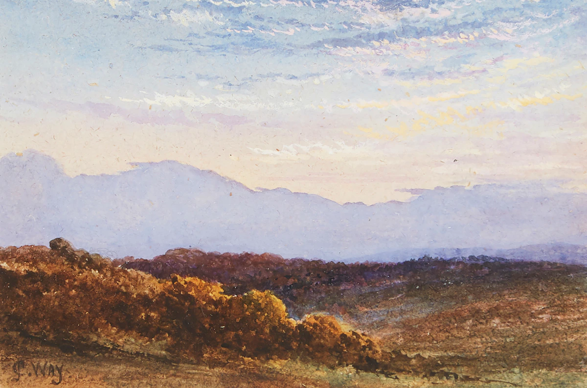 Charles Jones Way, Sunset Over the Valley, watercolour