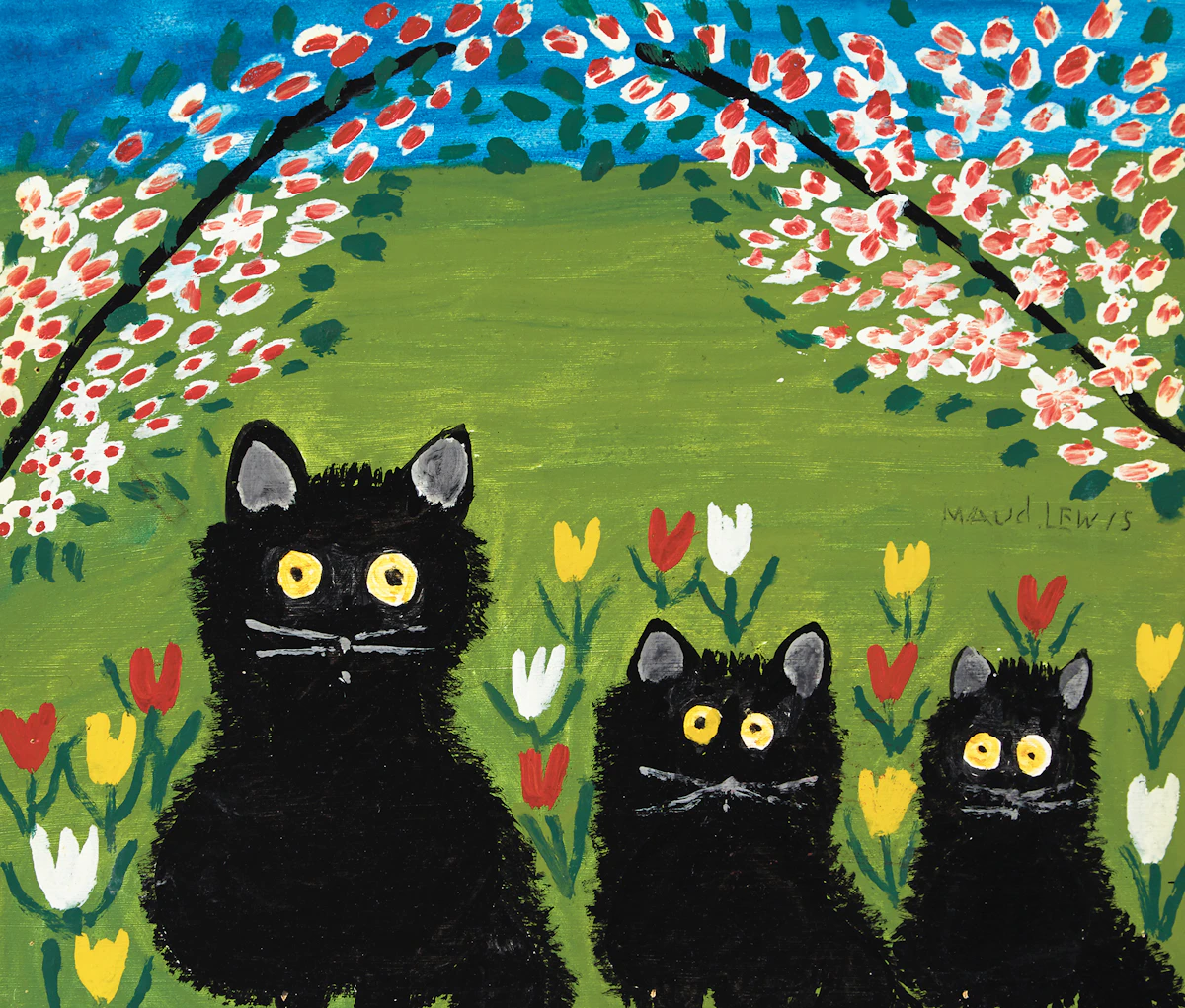 Maud Lewis, Three Black Cats, mixed media on board