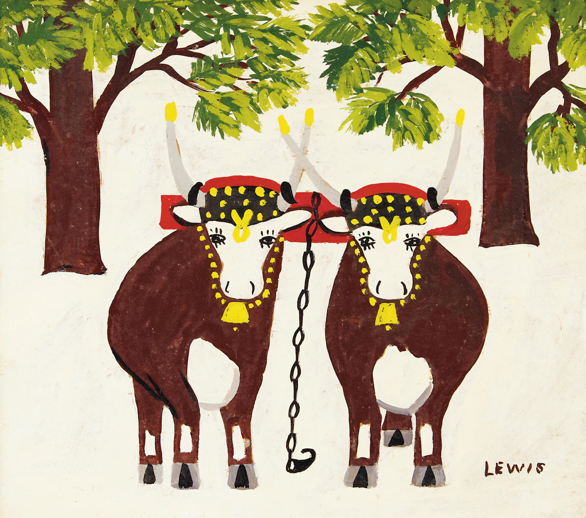 Maud Lewis, Oxen in Winter, mixed media on board, circa 1950
