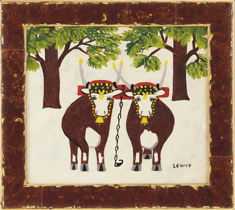 Maud Lewis, Oxen in Winter, mixed media on board, circa 1950 - view 2