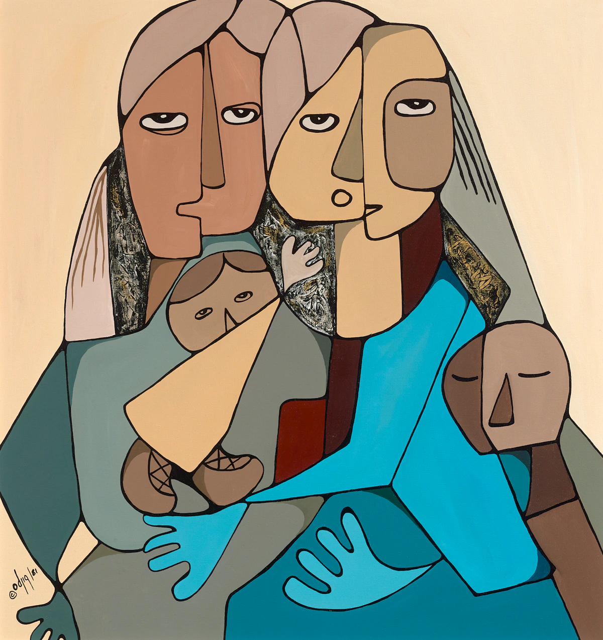 Daphne Odjig, Family Ties, acrylic on canvas, 1981