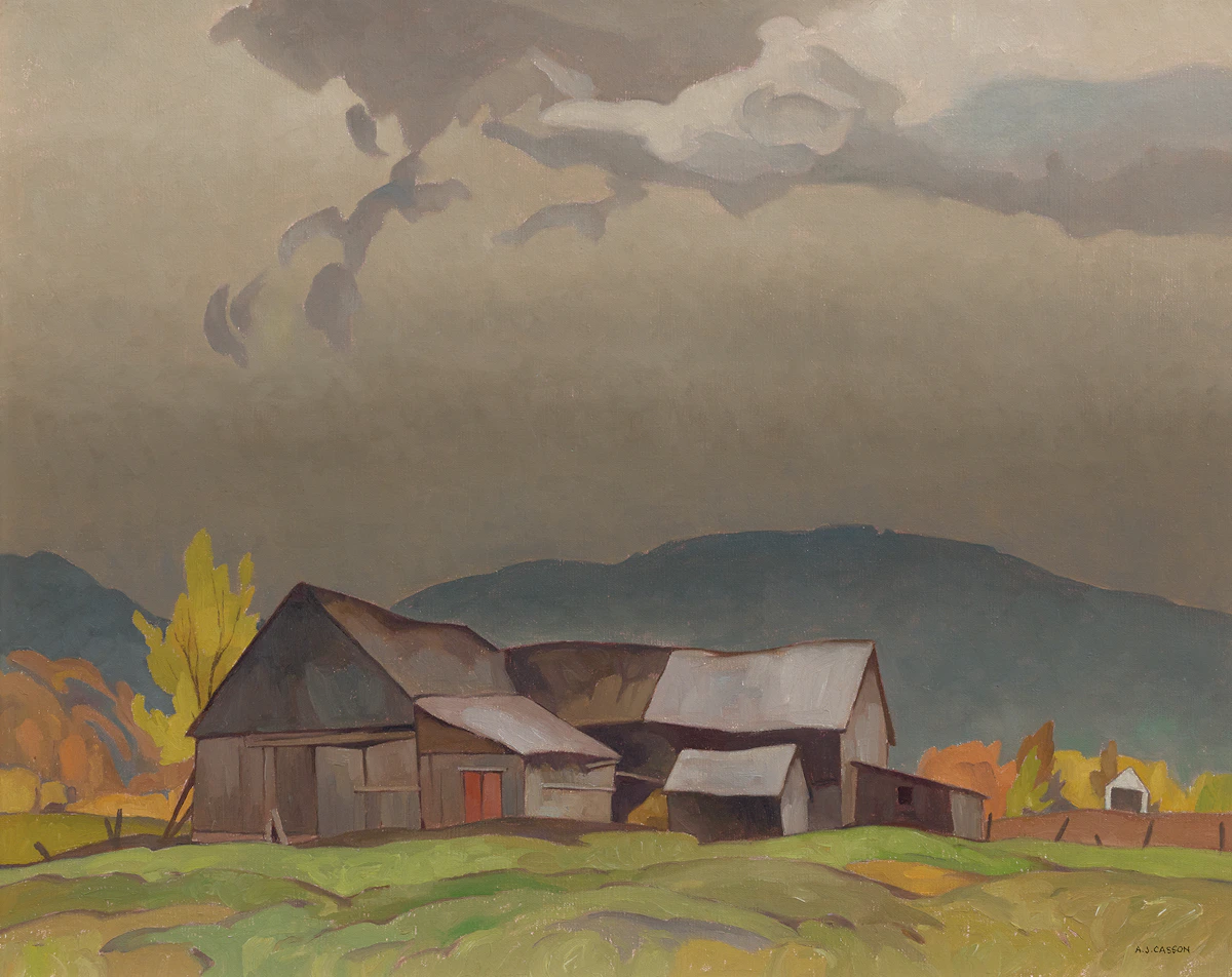 Alfred Joseph Casson, Barns at Grenville, Quebec, oil on canvas