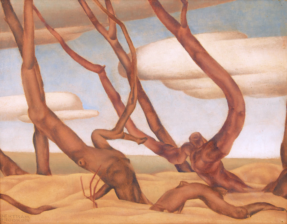 Bertram Richard Brooker, Tree Trunks, oil on board