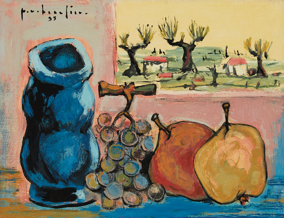 Paul-Vanier Beaulieu, Nature morte avec paysage, oil on canvas, 1955