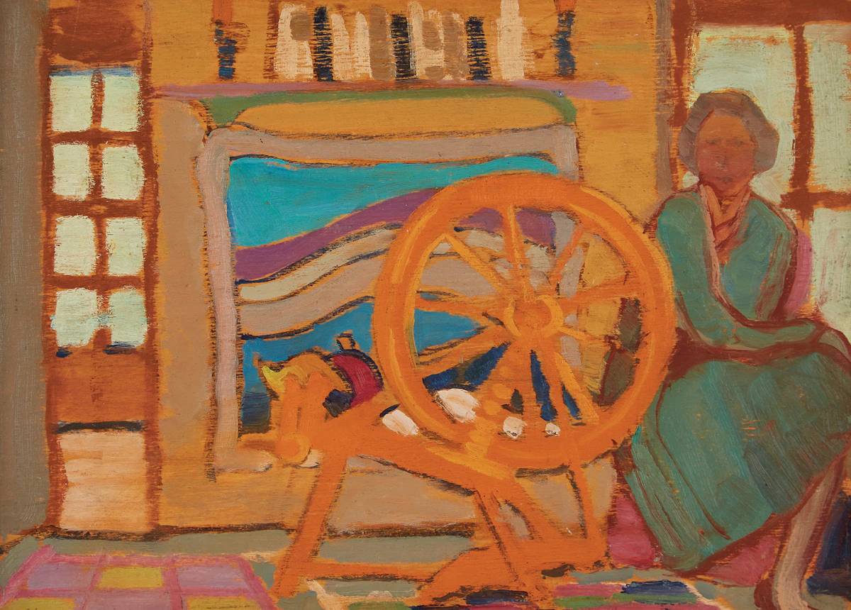 Anne Douglas Savage, At the Spinning Wheel, oil on board