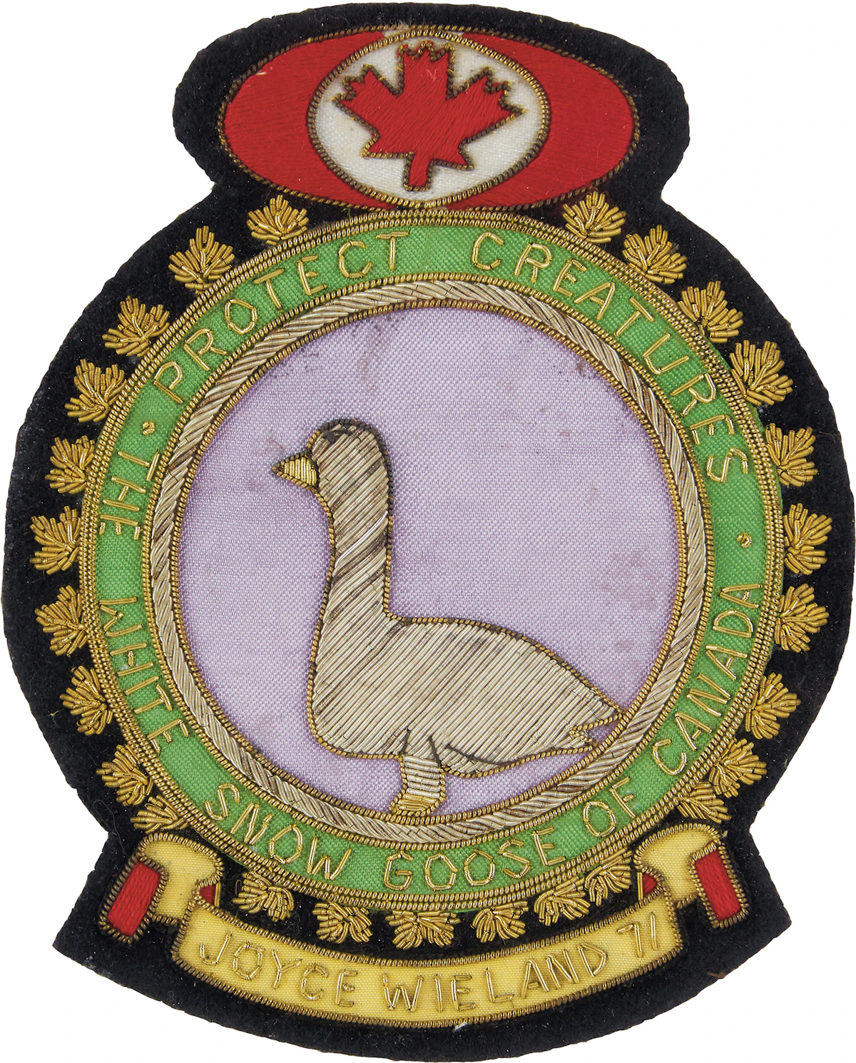 Joyce Wieland, White Snow Goose of Canada Crest, embroidery floss crest, 1971