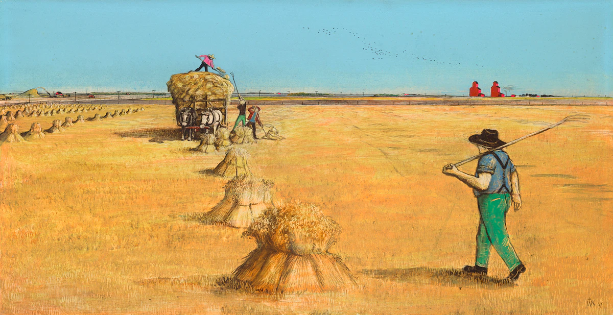 William Kurelek, Hauling Hay, mixed media on board, 1967
