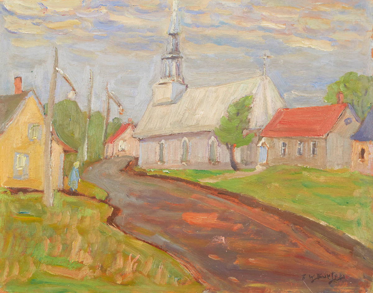 Ralph Wallace Burton, Church at Beaumont, Que., oil on panel, 1967