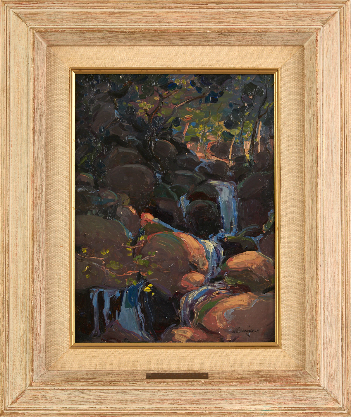 Arthur Dominique Rozaire, Waterfall in Shadow, oil on board