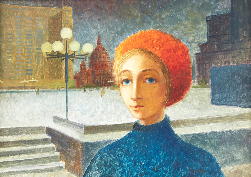 Jan Funnekotter, Untitled (Woman in Red Hat), oil on board - view 2