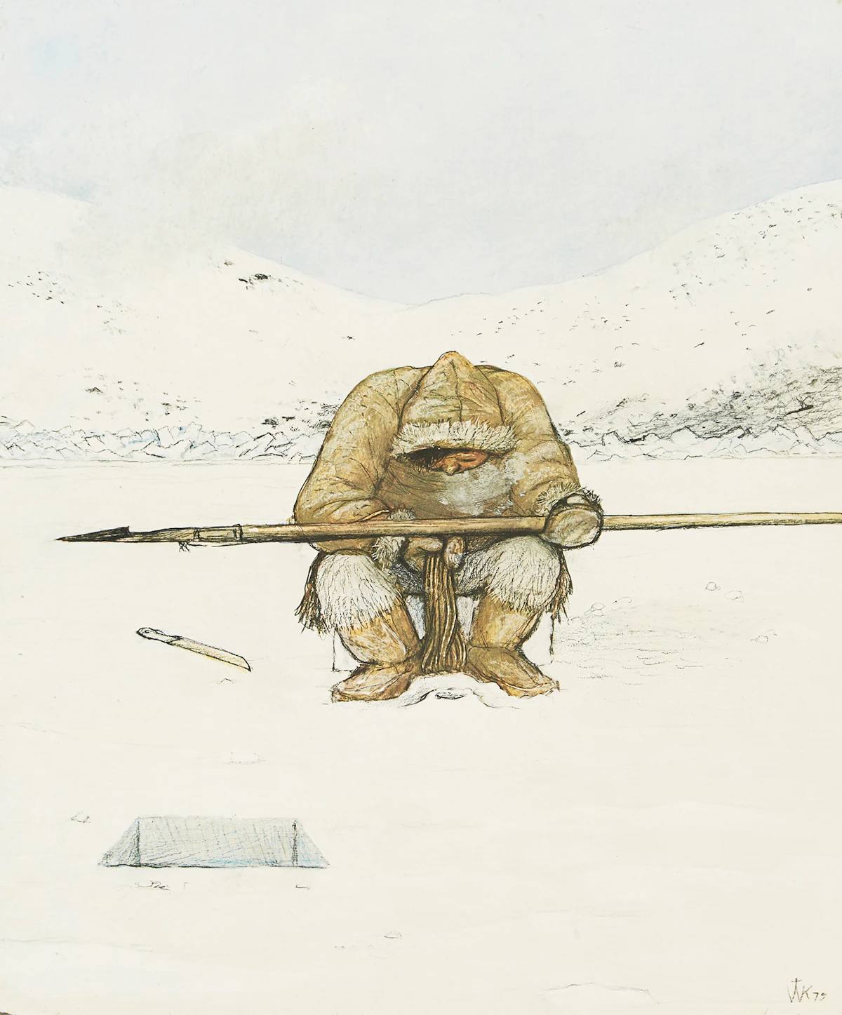 William Kurelek, Hunter at Breathing Hole, colour lithograph