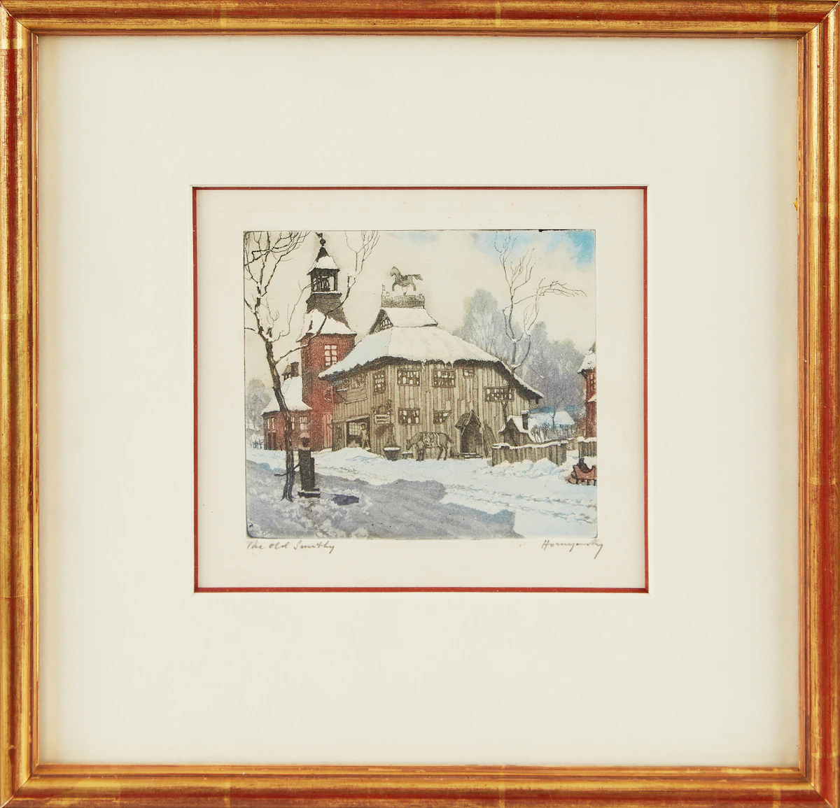 Nicholas Hornyansky, The Old Smithy; Waiting Teams, pair of colour aquatints
