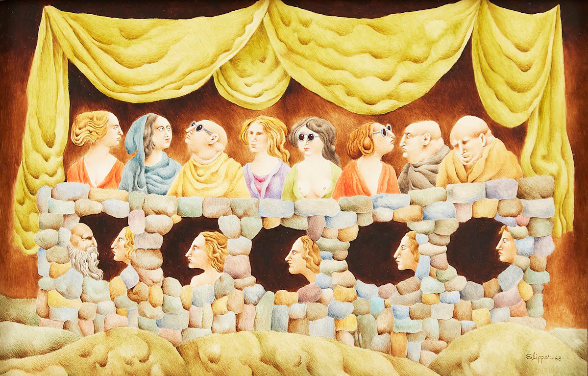 Gary Slipper, Tourists Through Life, mixed media on board, 1968