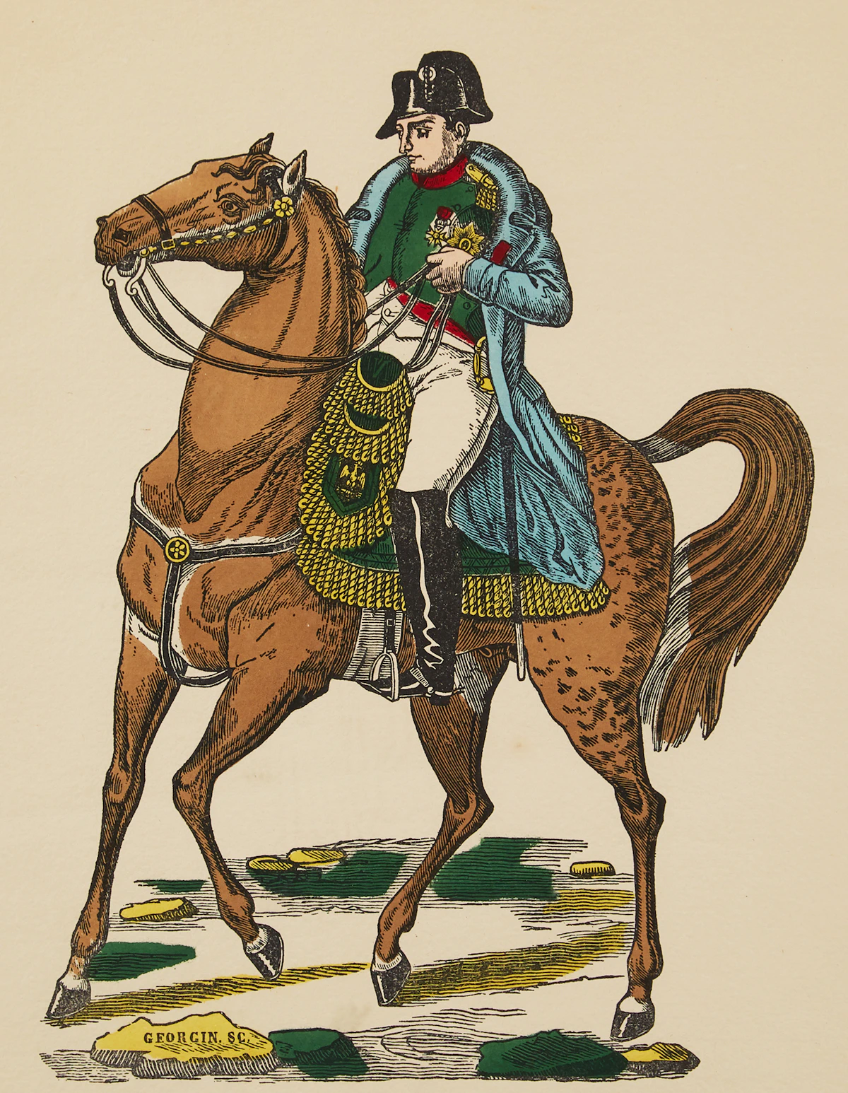 Attributed to Francois Georgin, Napoleon, coloured print