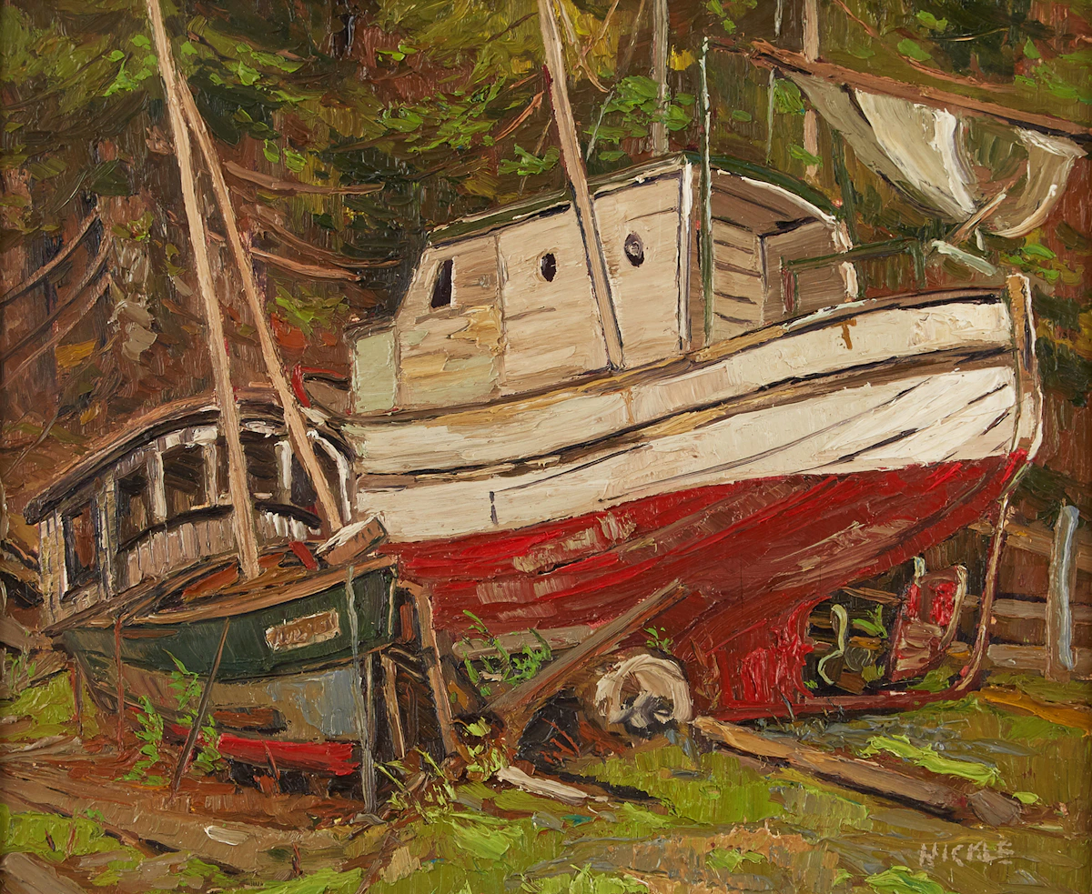 Lawrence Nickle, Fishing Boats, McRae’s Cove, BC, oil on board