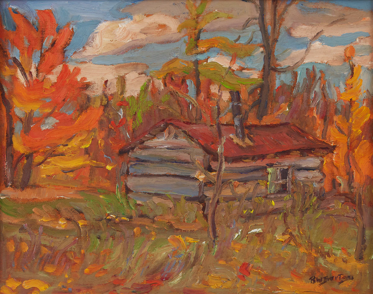 Ralph Wallace Burton, Log Cabin in the Woods, oil on panel, 1968