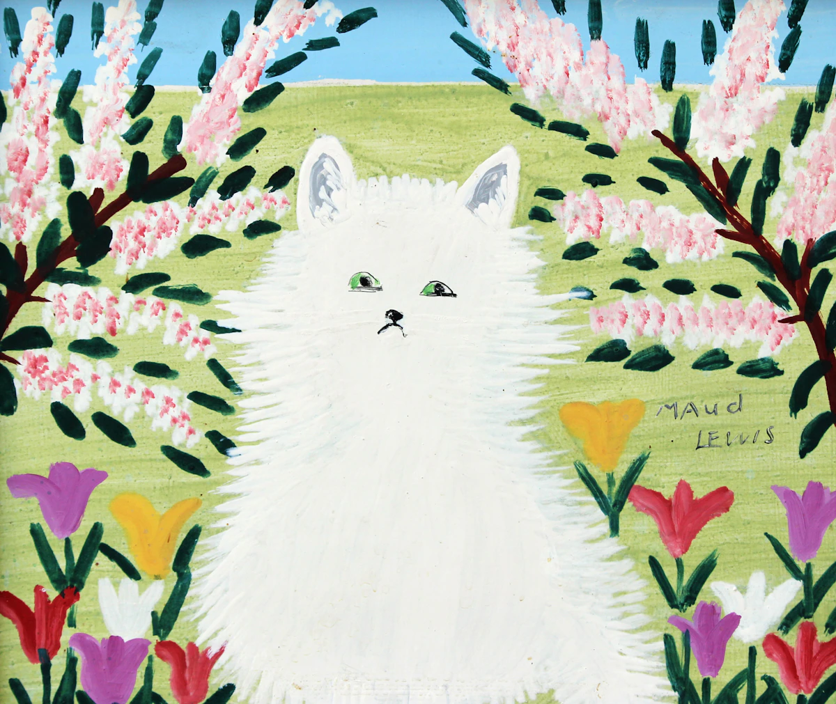 Maud Lewis, The White Cat, mixed media on board