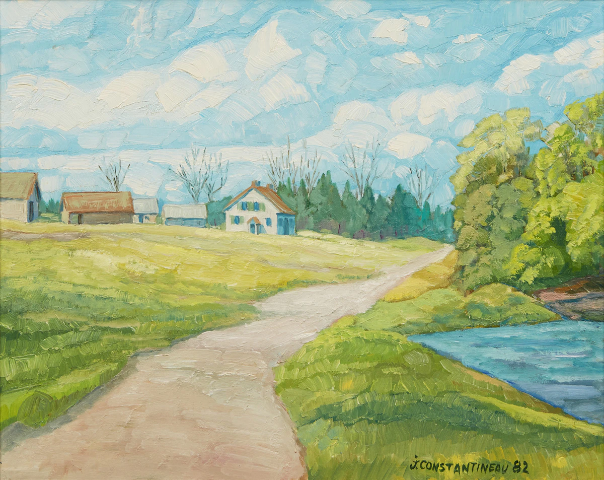 Jean Constantineau, Rang Croche, Riviere Chateauguay, oil on canvas board, 1982