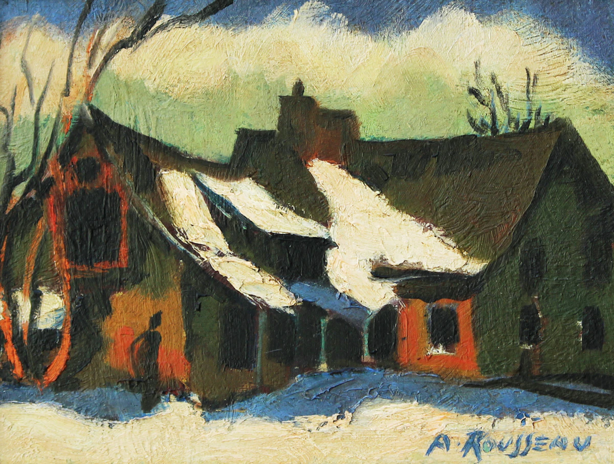 Albert Rousseau, Winter Village Scene, oil on board