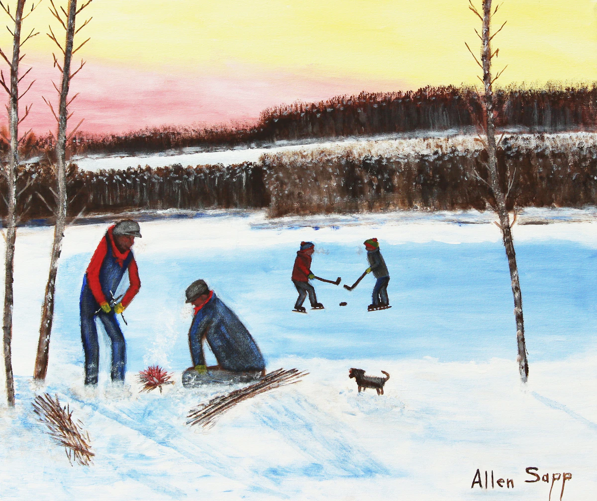 Allen Sapp, Hockey on the Lake, oil on canvas