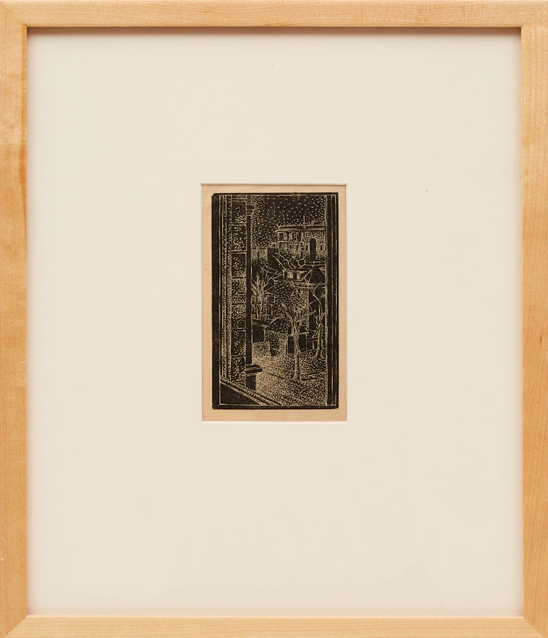 Lionel LeMoine FitzGerald, View from a Window with Tree and Buildings, ink on  yellow cadillac paper - view 2