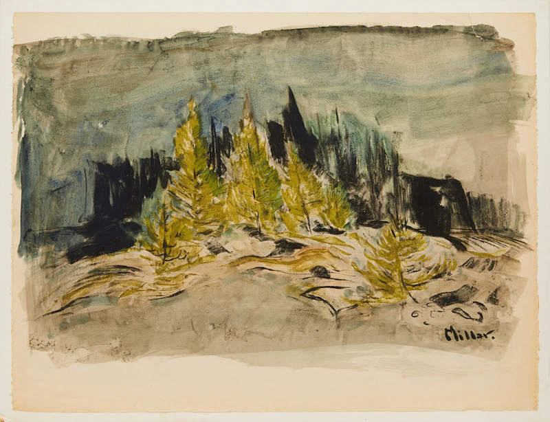 Alexander Samuel Millar, Six Pines in a Landscape; Evening Landscape with Pines; Abstract Coastal Landscape with Pines; Grey Landscape with Pines, 4 works on paper laid down on board - view 2