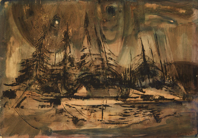 Alexander Samuel Millar, Six Pines in a Landscape; Evening Landscape with Pines; Abstract Coastal Landscape with Pines; Grey Landscape with Pines, 4 works on paper laid down on board - view 3