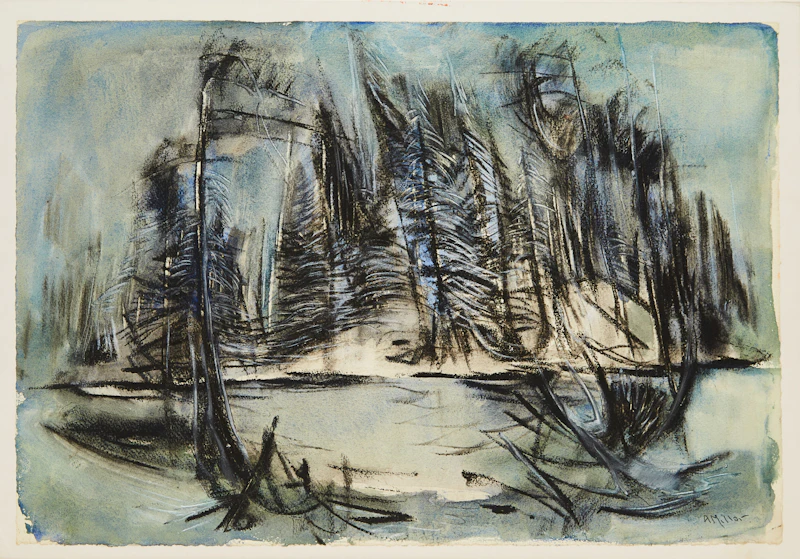 Alexander Samuel Millar, Six Pines in a Landscape; Evening Landscape with Pines; Abstract Coastal Landscape with Pines; Grey Landscape with Pines, 4 works on paper laid down on board - view 4