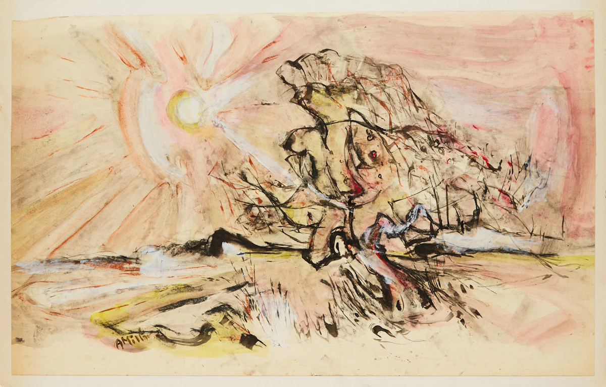 Alexander Samuel Millar, Landscape with Sun; Abstract Landscape with Pines; Coastal Landscape with Sun; Abstract Landscape with Pines, 4 works on paper laid down on board