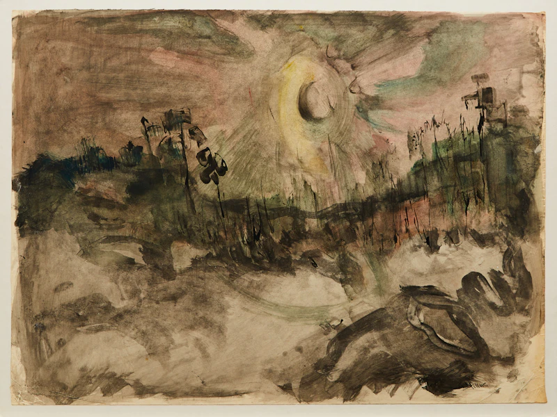 Alexander Samuel Millar, Landscape with Sun; Abstract Landscape with Pines; Coastal Landscape with Sun; Abstract Landscape with Pines, 4 works on paper laid down on board - view 2
