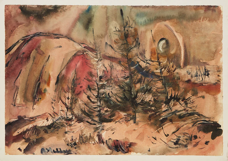 Alexander Samuel Millar, Landscape with Sun; Abstract Landscape with Pines; Coastal Landscape with Sun; Abstract Landscape with Pines, 4 works on paper laid down on board - view 3