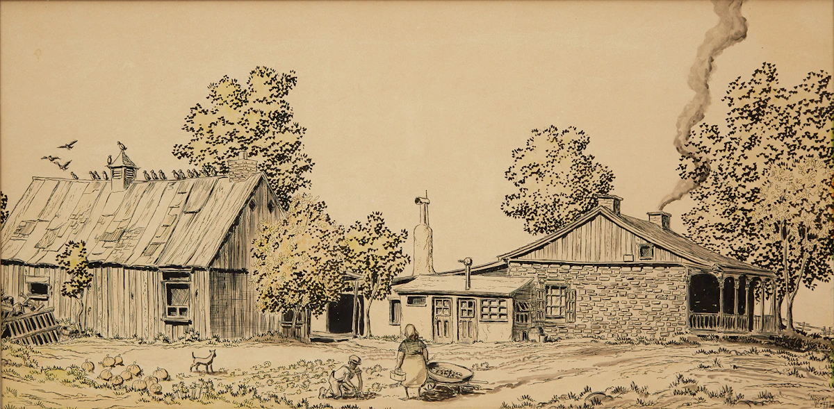 John Little, Farmstead, mixed media drawing