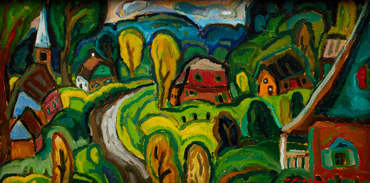 Pierre Bédard, La route de l’église, oil on masonite