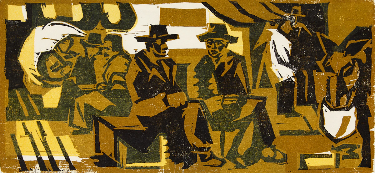 André Charles Biéler, The Old Market in Quebec, linocut