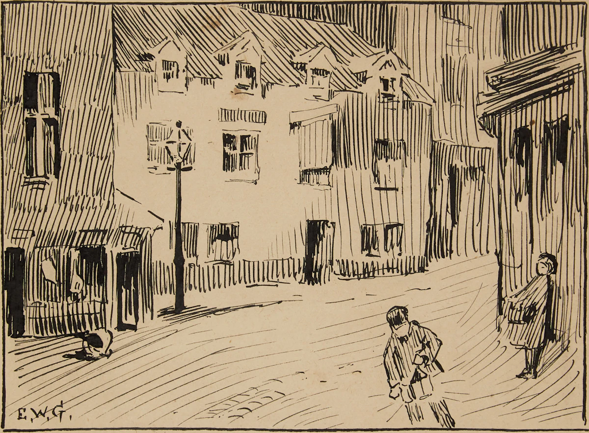 Sir Edmund Wyly Grier, A Street Corner in St. Ives, Cornwall, ink drawing