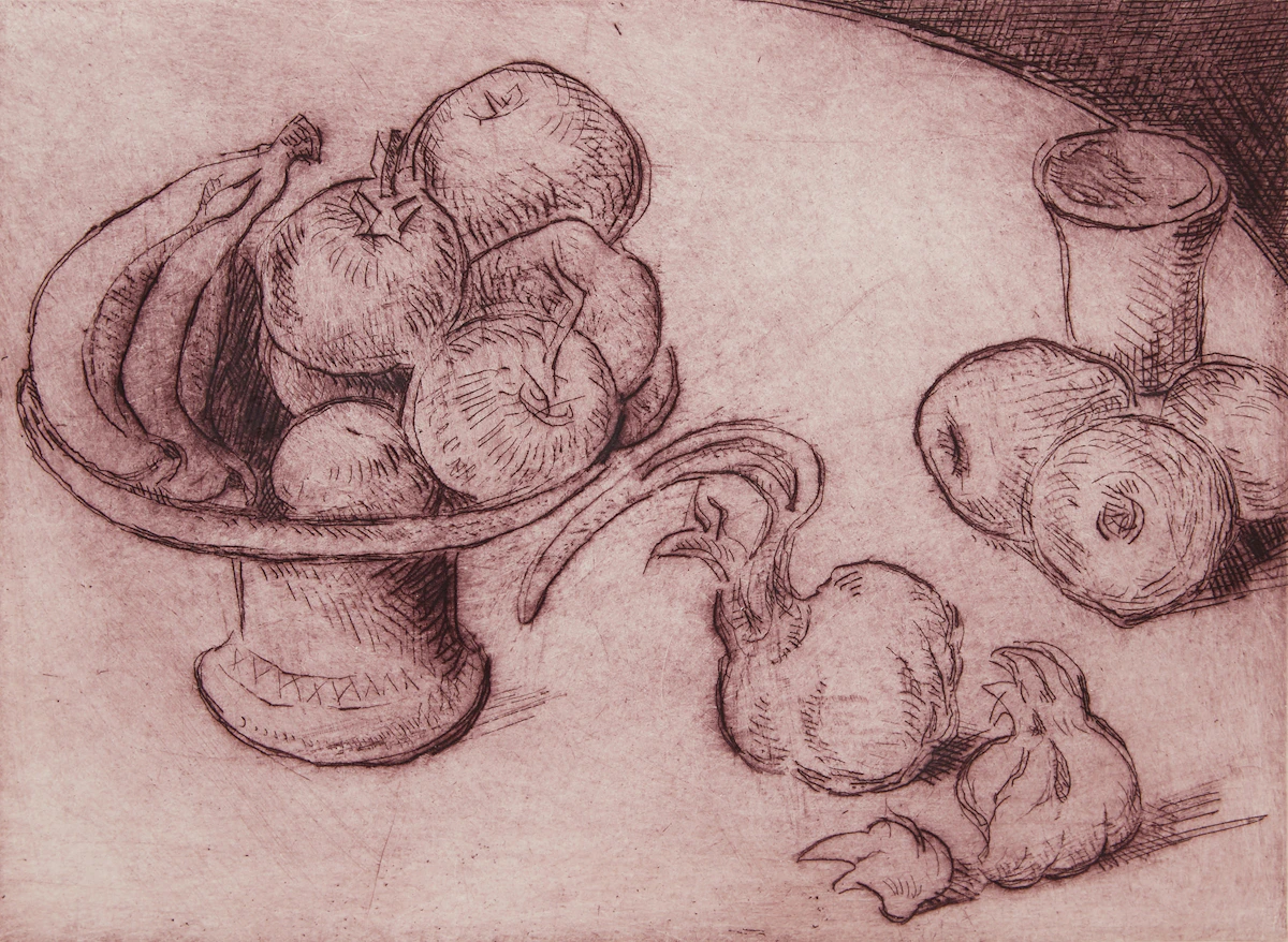 Joseph Francis Plaskett, Still Life with Garlic, coloured etching, 1999