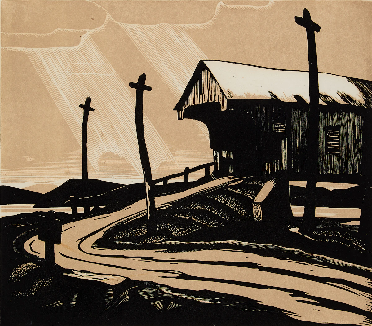 Leonard Hutchinson, Covered Bridge, Montrose, blockprint