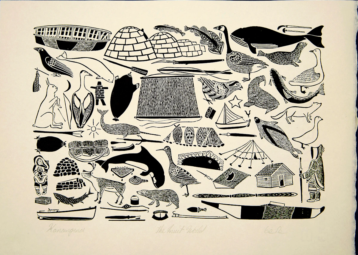 Kanangina, The Inuit World, annotated block print, 1977