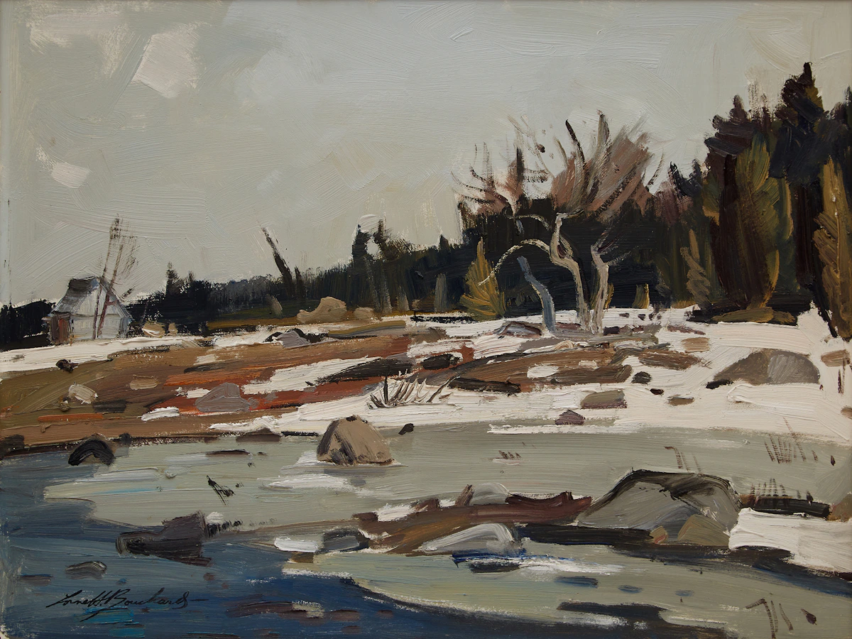 George Lorne Holland Bouchard, Spring Pond, Country of Two Mountains, Prov. of Quebec, oil on board, 1966