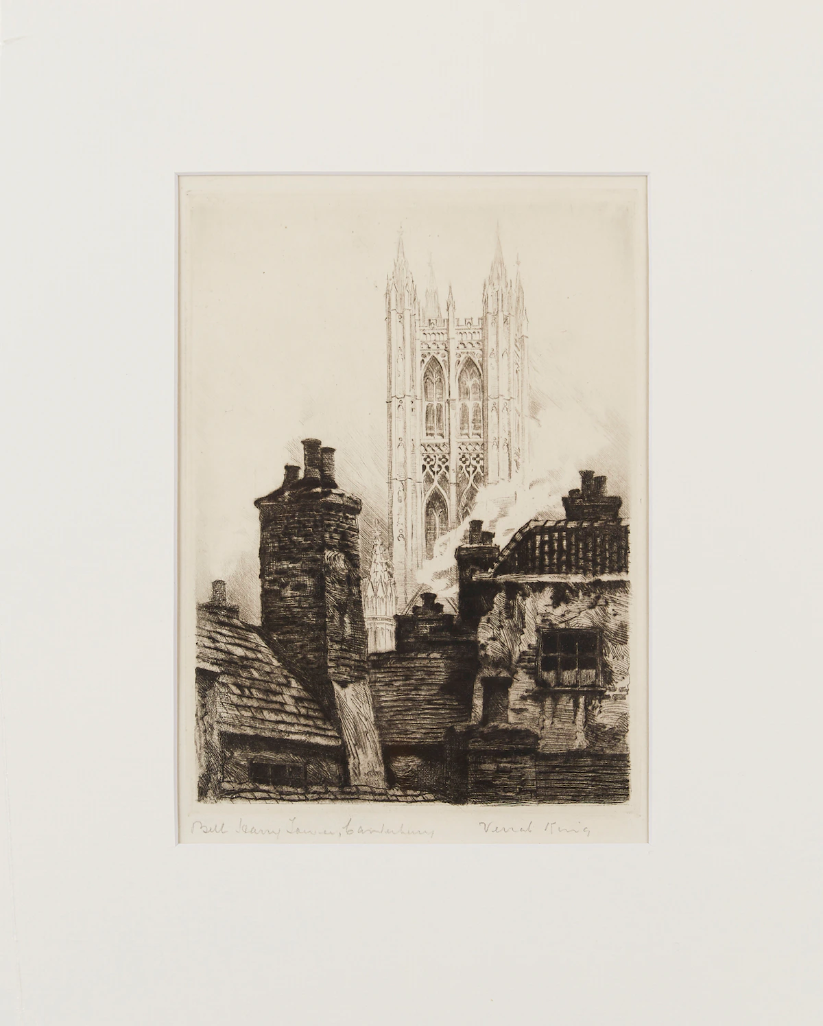 Verrall King, Bell Harry Tower, Cantebury, etching laid down on card