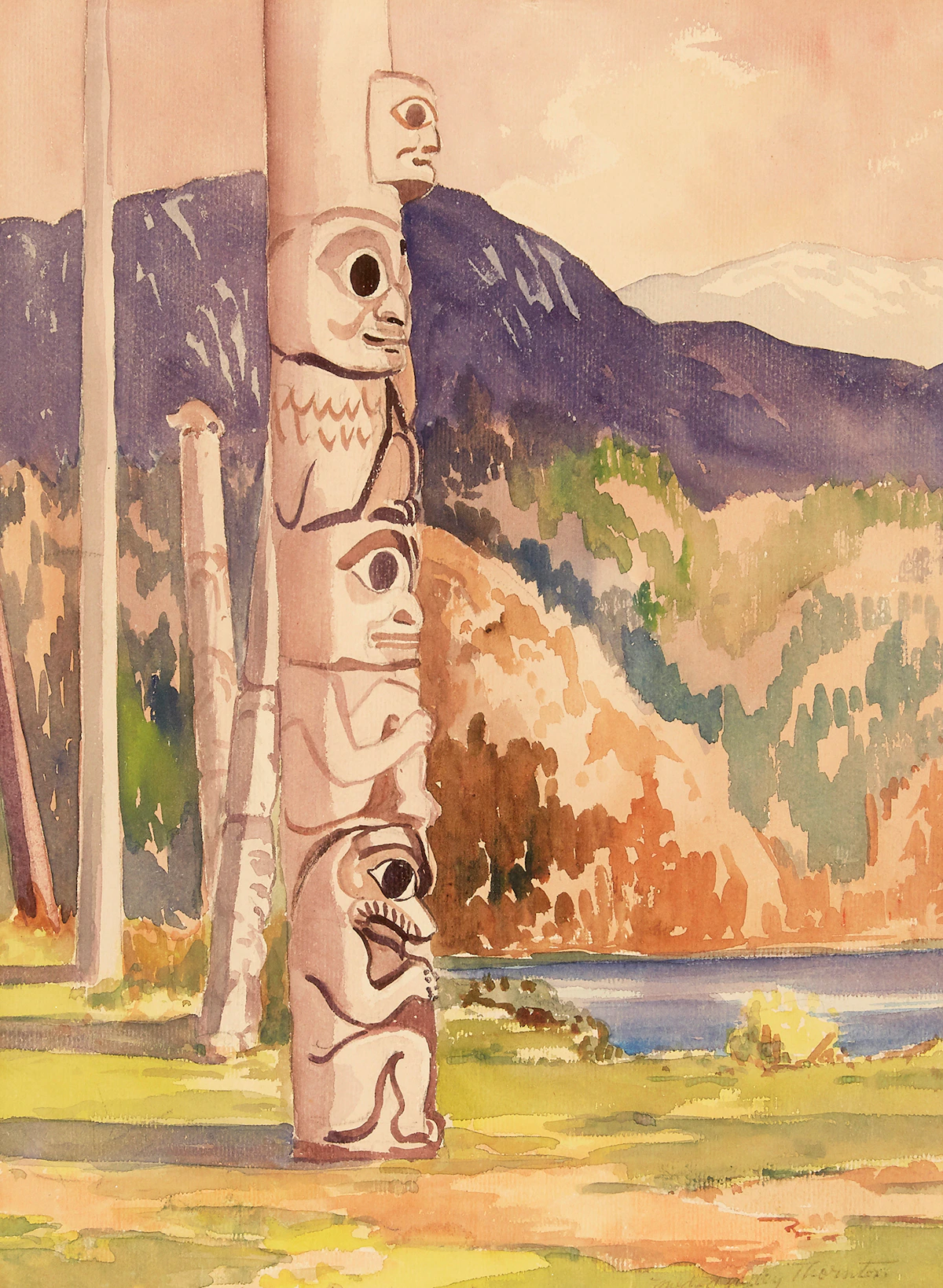 Mildred Valley Thornton, Totem Poles, watercolour on paper laid down on card