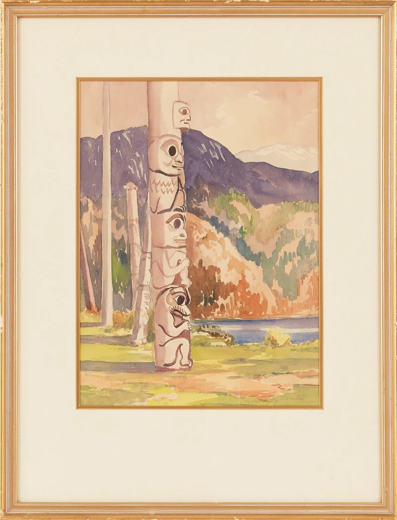 Mildred Valley Thornton, Totem Poles, watercolour on paper laid down on card - view 2