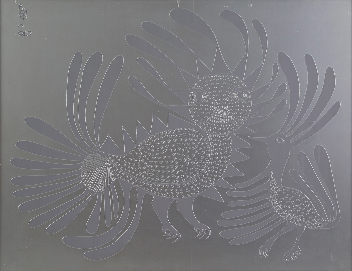 Kenojuak Ashevak, Talking Birds, etching on aluminum, 1963